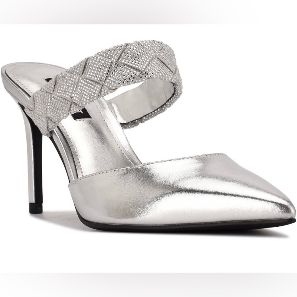 Nine West Silver Pointed Toe High Heel Mule with Embellished Strap